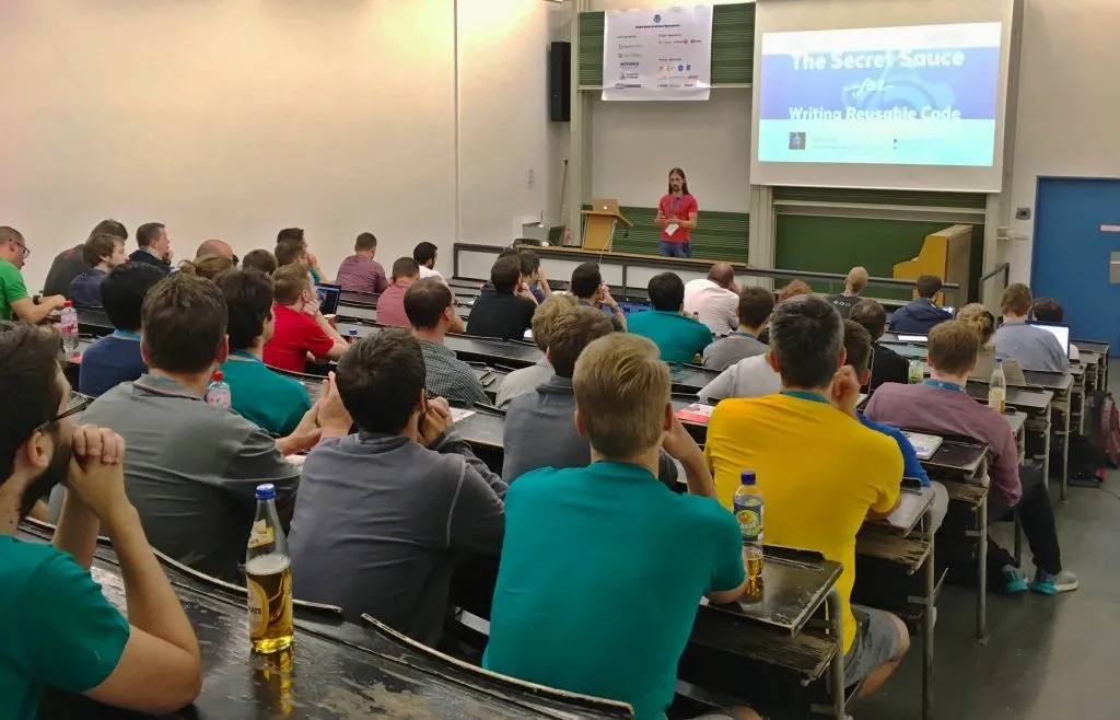 Me speaking in front of WordCamp Frankfurt audience