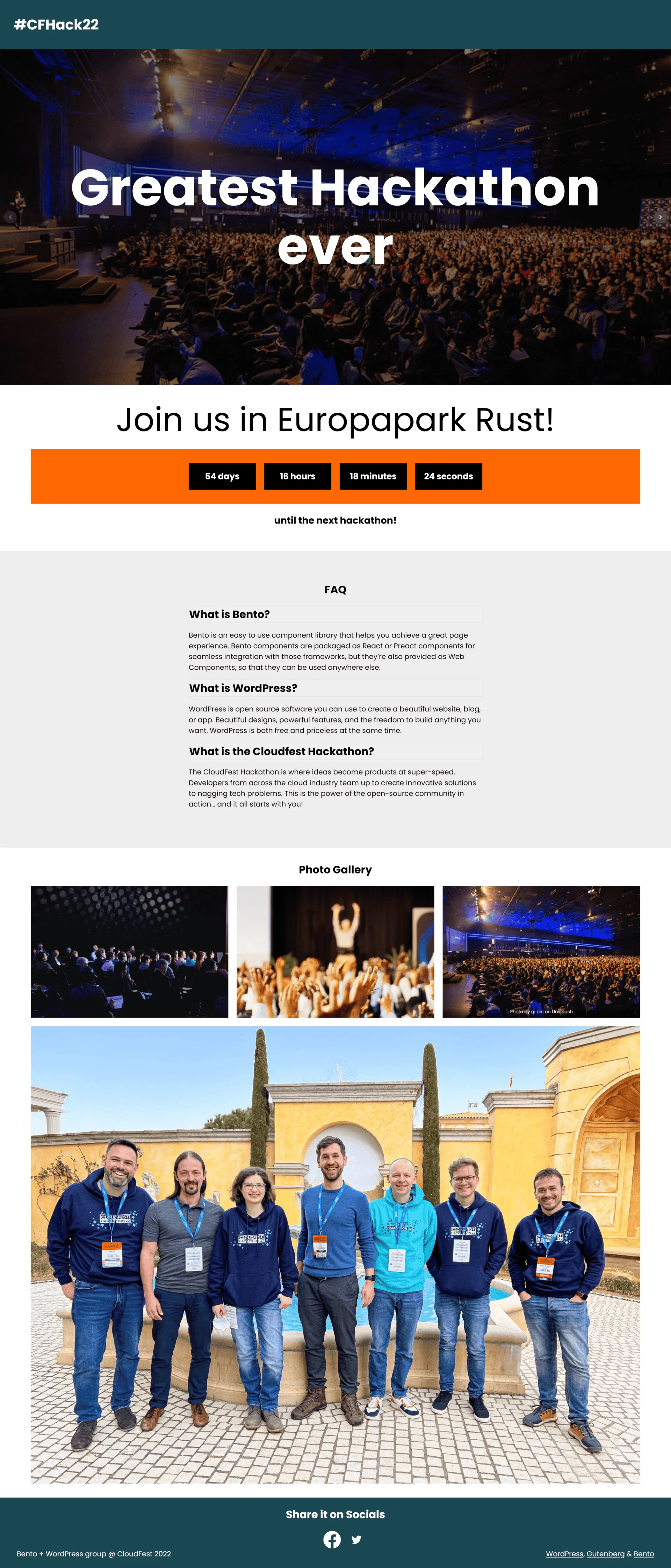Screenshot of the fictitious #CFHack22 hackathon landing page built during the hackathon: a "Greatest Hackathon ever" hero, a countdown timer, an FAQ accordion, a photo gallery, and a team group photo — all powered by Bento-based Gutenberg blocks.